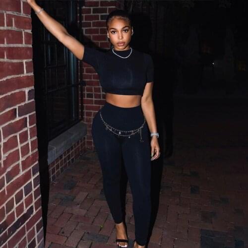 Two Piece Set Women 2021 Summer Tracksuits Solid Color Short Sleeve T-shirt Crop Tops and Pants Club Fitness 2Pcs Set Female