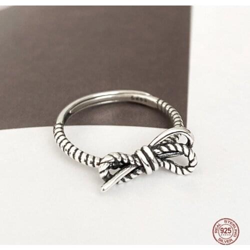 LKO Personality Vintage Bowknot Rings 925 Sterling Silver Female Hemp Flowers Knot Opening Adjustable Ring For Women Jewelry