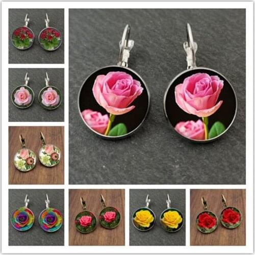 Fashion New Multicolor Rose Flower Glass Earrings Cabochon Flower Image Glass Dome Earrings DIY Valentines Day Gift