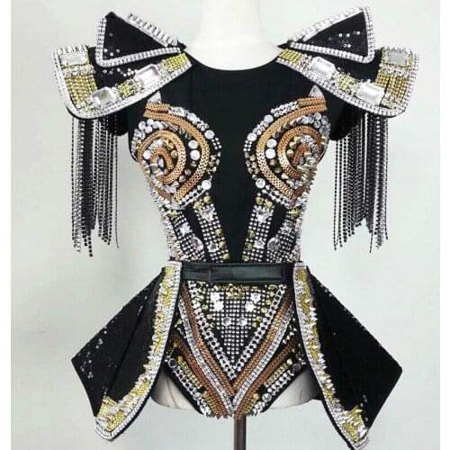 Nightclub Dancer stage costume Singer party girl armor Crystals stones bodysuit