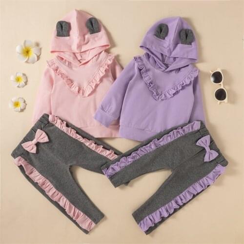 Girls' New Autumn Solid Color Ruffle Stitching Hooded Sweater Bowknot Ear Set