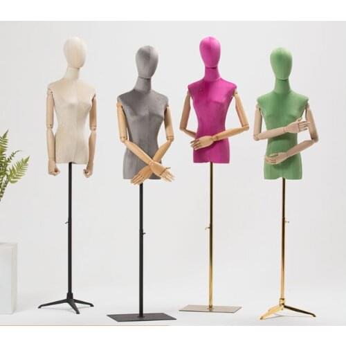 New Style Model Props Women Half Body Color Velvet Wrapped Mannequin Solid Wood Hand