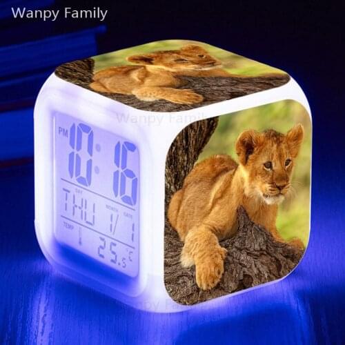 Very Lovely Lion Alarm Clock 7 Color Glowing LED Digital Alarm Clock For Kids Gift Multifunction Flash Touch Sensing Clock