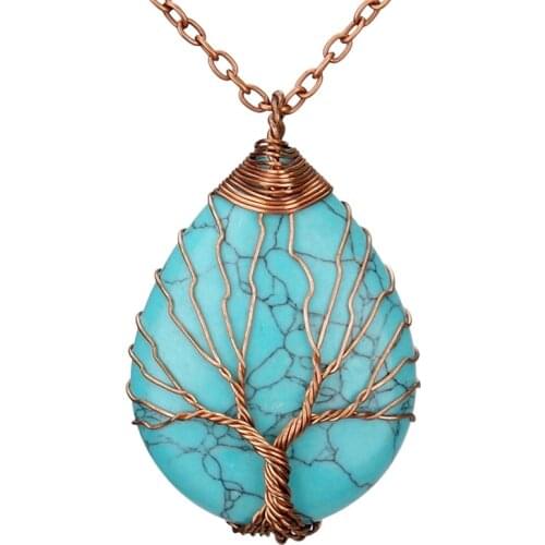 Tree of Life Necklace Natural Stone Pendant Copper Wire Wrapped Water Drop Necklace Gem Pink Quartz Tiger Eye Green Aventurine