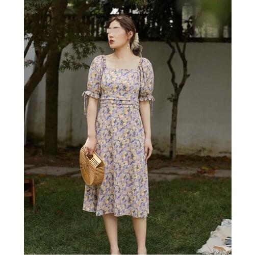 Large Size Womens Purple Floral Sress Womens Defined Waist New Summer Tea Break Dress French Chiffon Square Neck Dress