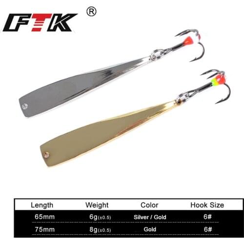 FTK 1pc 6g/8g 65mm/75mm Winter Ice Fishing Lure Gold Silver Spoon Spinner Hard Baits Bass Lure With Treble Hook For Trout Pike