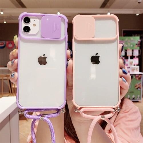 Crossbody Necklace Lanyard Camera Protective Push Case For iPhone 11 12 Pro Max X XR XS 8 7 Plus Mini Clear Shockproof Cover