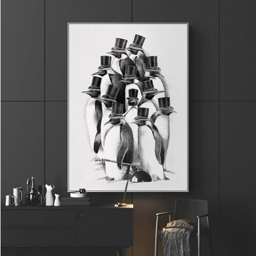 Modern Cartoon Black White Animal Canvas Painting Cute Penguins with Hat Posters Living Room Children Room Home Wall Decor