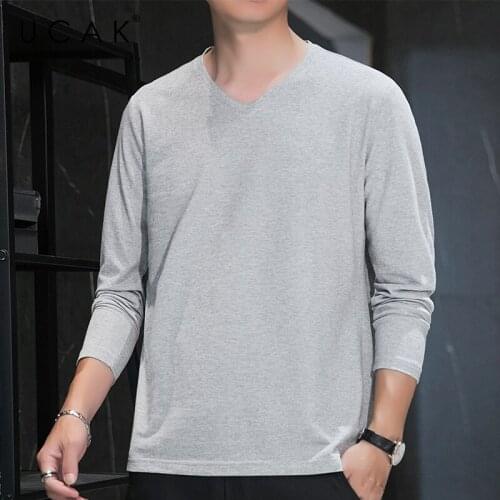 UCAK Brand Silk T-Shirt Men Clothes High Quality Spring Autumn New Tops Classic Casual V-Neck Long Sleeves Tee Shirt Homme U5330