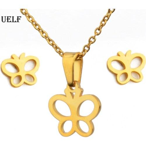 UELF Stainless Steel Jewelry Sets Elegant Butterfly Hollow Stainless Steel Necklace Earrings Set Lovers Engagement Jewelry