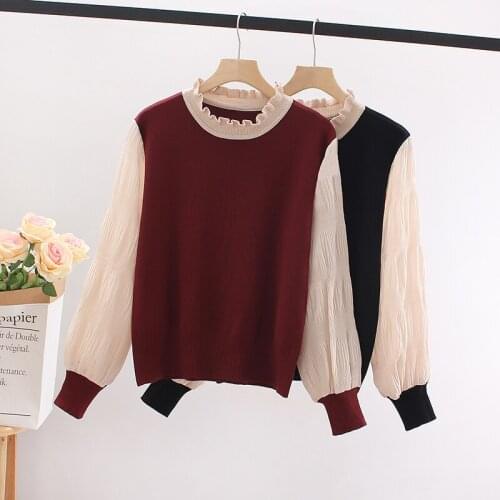 Ear Side Neck Knitted Sweater Splicing Chiffon Long Sleeve 2021 Spring And Autumn Sweet Versatile Thin Lantern Sleeve Top