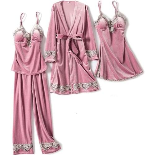 Velour Autumn Kimono Robe Gown Sleepwear Intimate Lingerie Lace 4PCS Homewear Sleep Set Nightwear Negligee Warm Home Clothing