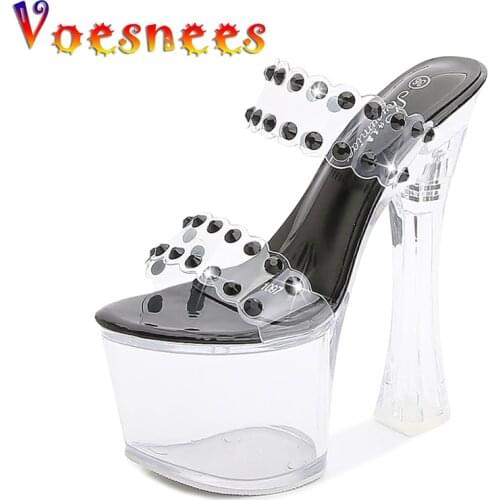 Voesnees Brand Women Shoes 2021 Model Show Sexy 17cm High-Heel Square Heel Platform Slippers Transparent Crystal Wedding Shoes