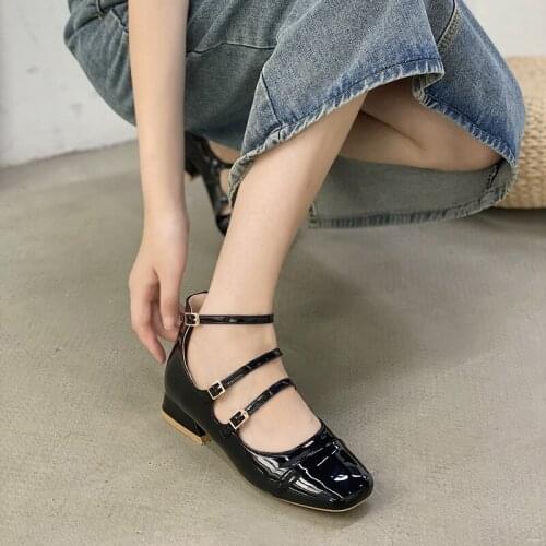 Retro Square Toe Mary Jane Womens Shoes Spring And Summer New All-Match Shallow Mouth Low-Heeled Small Leather Shoes