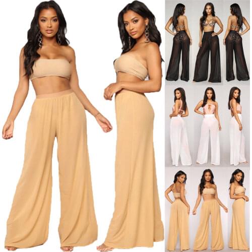 Womens Underwear Wide Leg High Waisted Loose Casual See Through Long Pants Trousers Sleep Bottoms