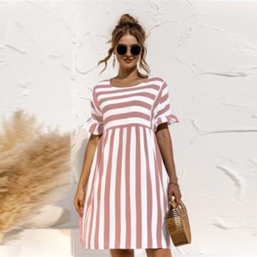 O Neck Womens Dress Casual Loose Pullover Solid Short Sleeve Ruffle Patchwork Pocket Ladies Stripe Dress Summer New Fashion