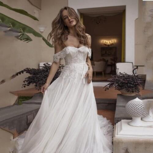 Eightree Summer Lace Wedding Dress 2021 Sexy Tulle Lace up Back Bride Dress Off Shoulder Beach Bridal Wedding Gowns Custom Size