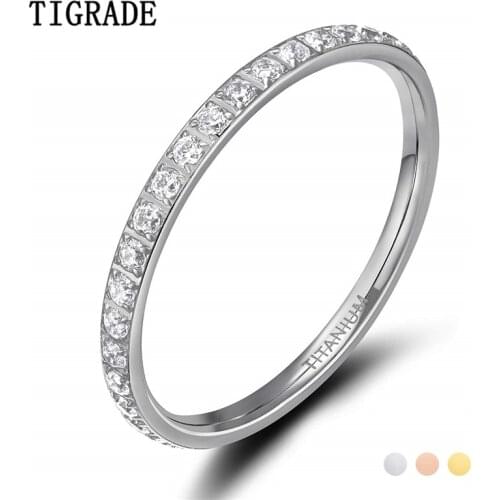 TIGRADE 2mm Women Titanium Ring Cubic Zirconia Anniversary Wedding Engagement Band Size 4 to 13 bagues pour femme