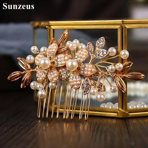 Gold Metal Leaves Hair Comb for Bridal Wedding Hair Accessories Pealrs Beaded Charming Hairwear bijoux femme HD41