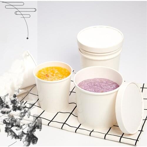 50pcs High quality white kraft paper disposable takeaway packaging cups 8oz 12oz 16oz ice cream dessert soup round cup with lid