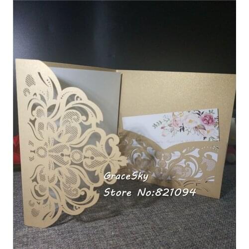 Free shipping 50pcs Laser die Cut Crown pocket European wedding invitation cards with Receipt cards wedding invitation RSVP card