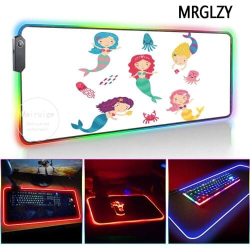 MRGLZY LED Light RGB Large Kawaii white Mouse Pad XXL Mermaid Cartoon DeskMat Gaming Accessories for PC Laptop Keyboard MiceMat