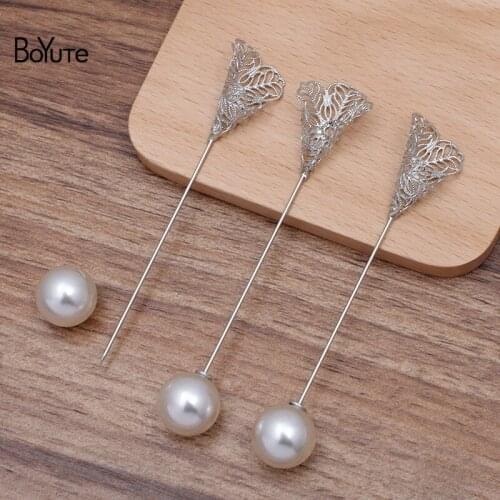 BoYuTe Custom (200 Pieces/Lot) 24*28MM Filigree Morning Glory Lapel Pin with Pearl Stopper Diy Brooch Pins Jewelry Accessories