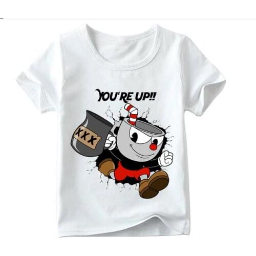 Fast Shipping Baby Boys/Girls Cartoon Cuphead Print Funny T shirt Kids Summer Short Sleeve Tops Children Soft White T-shirt