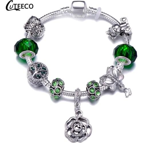 CUTEECO New Rose Dangle Charm Bracelet Unicorn Owl Tree of Life Green Crystal Beads Bracelets For Women Jewelry DIY Pulseras