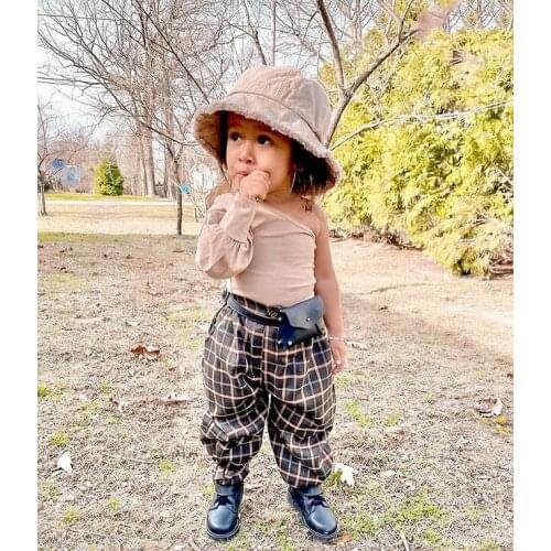 2 Pieces Kids Suit Set, Toddler Solid Color One Shoulder Long Sleeve Romper+ Plaid Long Pants for Girls, 6 Months-3 Years