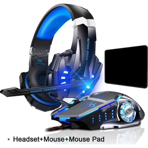 Kotion EACH G9000 Gaming Headset Deep Bass Stereo Game Headphone with Microphone LED Light for PC Laptop+Gaming Mouse+Mice Pad