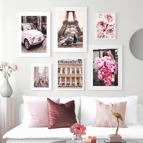 Pink Rose Flower Canvas Painting Paris Tower Pigeon Car Wall Art Nordic Posters and Prints Pictures for Living Room Home Decor