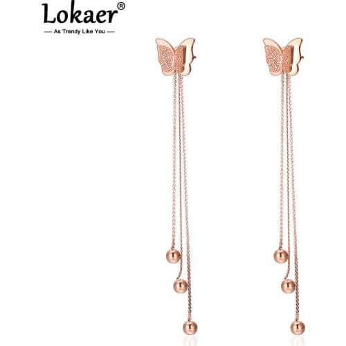 Lokaer Fashion Lady Rose Gold Color Stainless Steel Earrings Butterflies Long Lines Jewelry Earrings For Women Girl Gift E17093