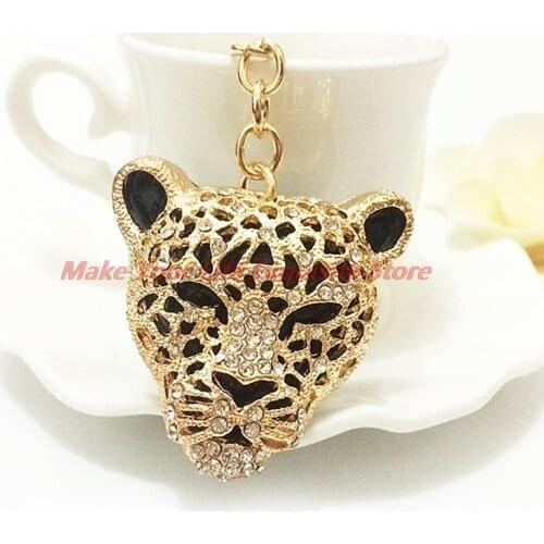 Fashion Crystal Leopard Jaguar Head KeyRing Purse Bag Keychain Car Pendant Decor