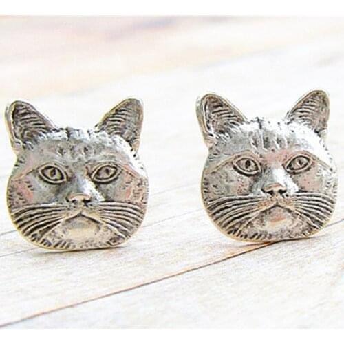 Trendy cute CAT Antique Silver color earrings Animal shapes stud earrings for women