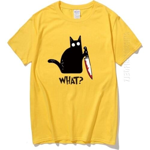 Men T Shirt Funny Cat What TShirt 100% Cotton Murderous Cat With Knife Funny Halloween TShirt Crewneck Soft EU Size T-shirt