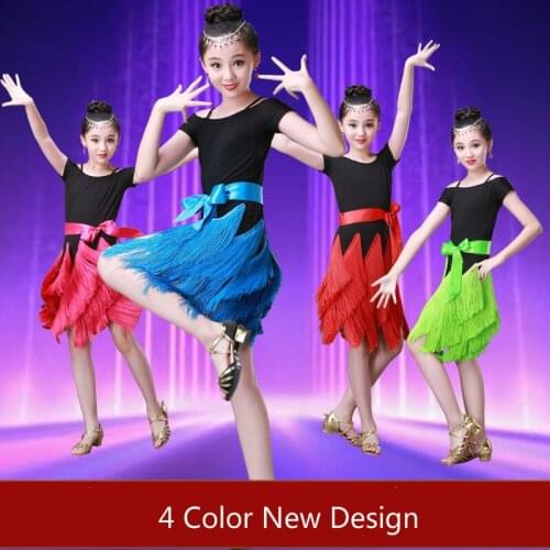 New Child Tassels Latin Dance Dresses Kids Ballroom Dresses Girls Samba Salsa Costumes Clothes for Children Multicolor