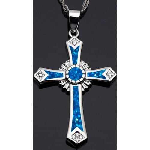 1Pcs Fashion Blue Opal Cross Pendant Necklace For Women Crystal Cross Pendant Necklace Jewelry