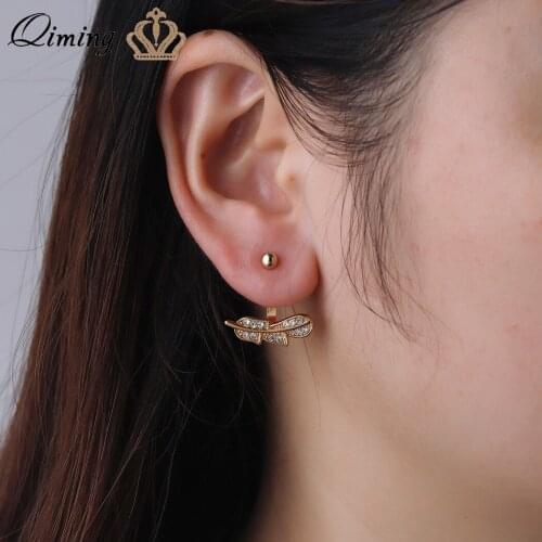 QIMING Feather Crystal Stud Earrings for Women fashion Double Sided Ear Jacket Fashion Jewelry Earrings female