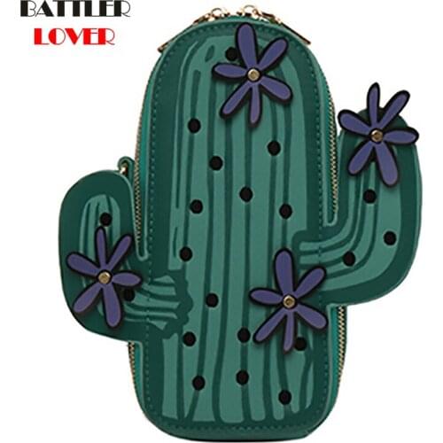 Creative Green Cactus Plant Shoulder Bags for Women Fashion Embroidery Flower Mini Chains Crossbody Bags Mobile Phone Purse