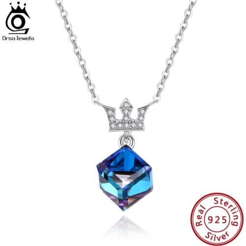 ORSA JEWELS 925 Sterling Silver Pendants Necklace Crown Design with 5A+Austria Crystal Fashion Women Accessories Jewelry SWN12
