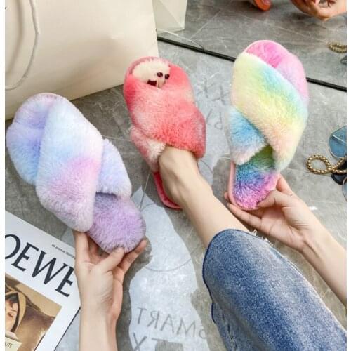 Women Home Slippers Winter Warm Shoes Woman Slip on Flats Slides Female Faux Fur Slippers 36-41 wholesale