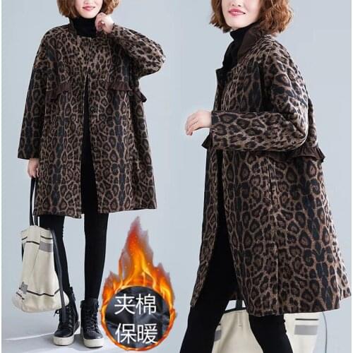 Leopard Print Womens Jacket Autumn Winter Mid-Long Blended Woolen Keep Warm Quilted Coat Fashion Plus Size Ladies Woolen Jacke