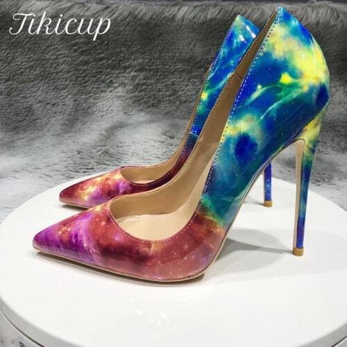 Tikicup Floral Printed Women Pointed Toe Stiletto Extremely High Heels Ladies Chic Pumps Sexy Party Shoes Large Size Up to 45