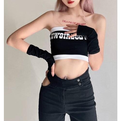 Womens sexy and handsome strapless tube top letter print super short vest hollow short-sleeved open back tight-fitting top /F