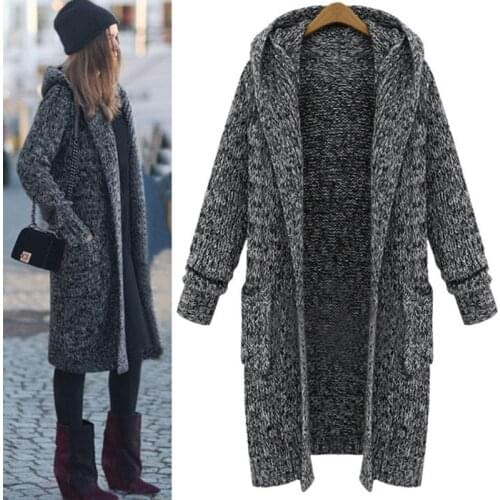 2021 Women Cardigan Winter Clothes Sweater Loose Hat Coat Thickening Knitting With Pockets Tops Abrigos Mujer Invierno Ez
