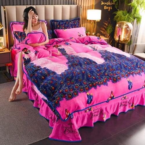4pcs Luxury Peacock Winter Warm AB Double-sided Thick Fleece Bedding Set Flannel Duvet Cover Bed Sheet Pillowcase Queen King