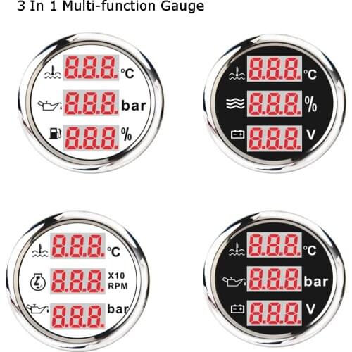 52mm Car Boat Multi-function Digital Gauge 3 in 1 Motorcycle Water Temp Fuel /Water Level Gauge Oil Press Voltage Tacho 9-32V