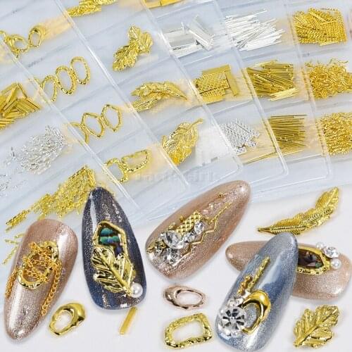 6 Syles/Bag Mixed Stripes Irregular Metal FrameFeather Frosted Gold Bar 3d Nail Art Decorations Alloy Charms Nails Accessories