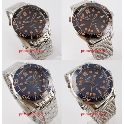 Bliger 41mm black/blue dial sapphire glass stainless steel/alloy GMT function date window automatic watch men